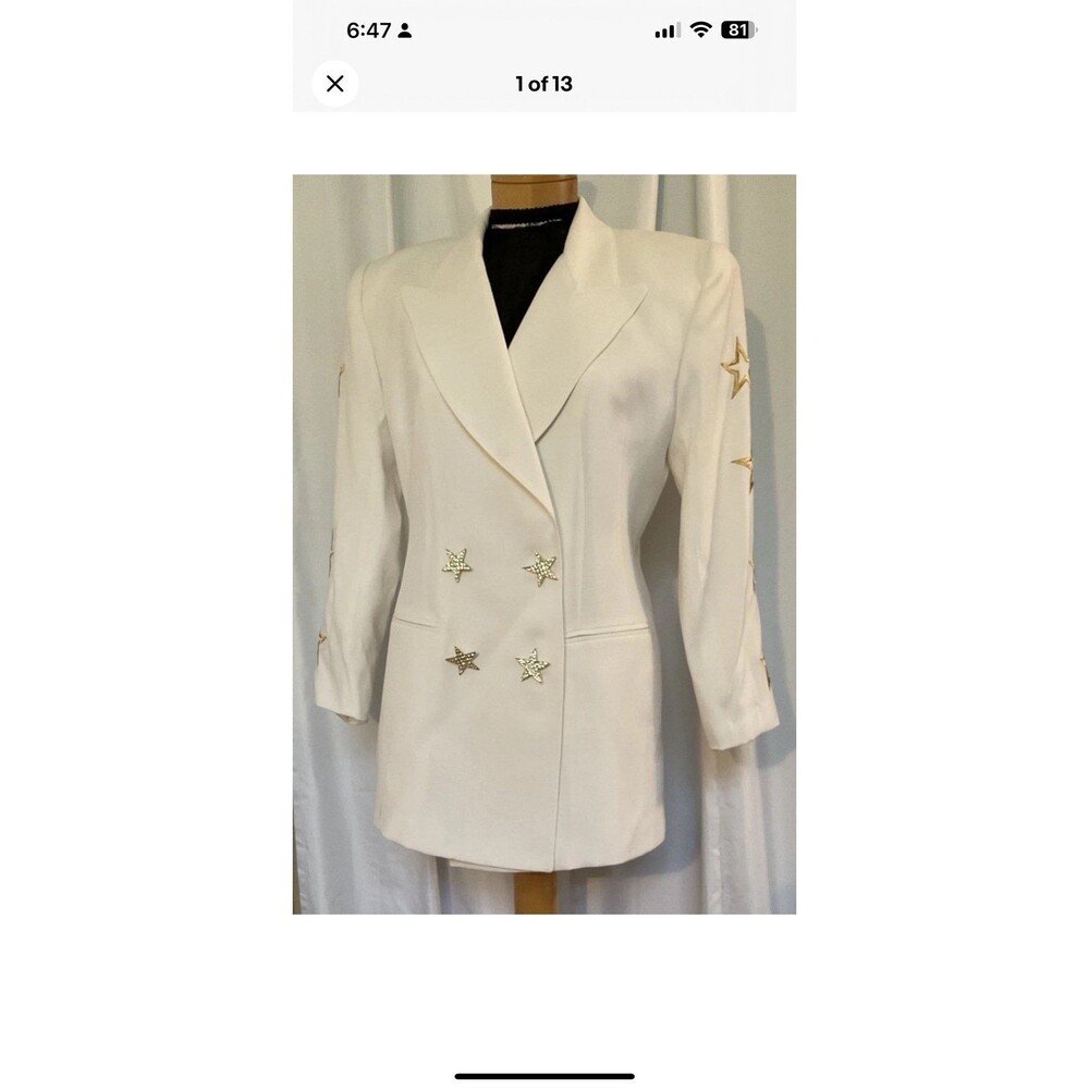 Solini White Double Breasted Star Blazer Womans Size 8 Vintage Y2K Rhinestones